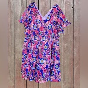 Terra & Sky Multicolored Floral Women V-Neck Ruffle Short Sleeve dress, Sz 4X,